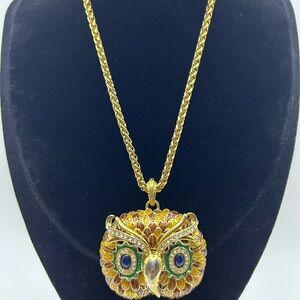 Kenneth Jay Lane signed both Gold Owl Pendant and Necklace